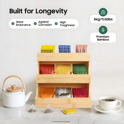 Bambus Teebox mit 9 Fächern, Organizer für Tee-Aufbewahrung, Aufbewahrungsbox für Küche, Büro & Café, Teebeutel Box 3 Ebenen, Holz Aufbewahrungsbehälter (1/5)