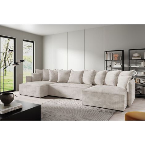 Wohnlandschaft mit Schlaffunktion MINEA Sofa U-Form in Stoff Poso Altweiß (1/4)