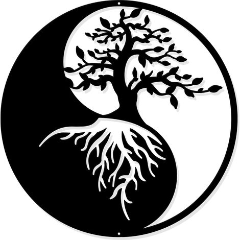 Décoration murale en métal motif arbre de vie Yin Yang - 30 cm - Noir - Décoration murale à suspendre pour chambre à coucher, salon, salle de bain, bureau, jardin, hôtel (1/5)