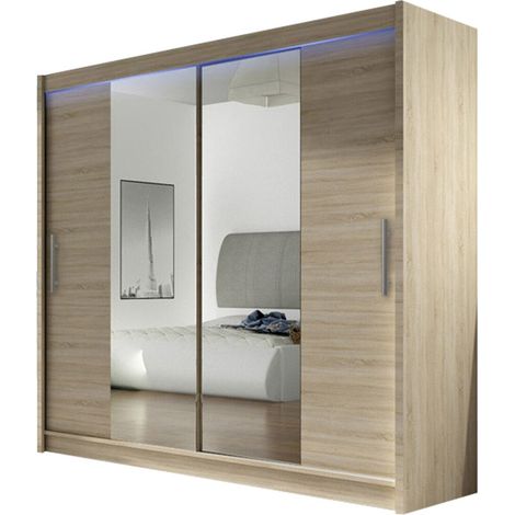 Armario Closico Pallor II, Roble Sonoma, 215x180x58cm, Puertas de armario: Correderas, Número de estantes: 5, LED