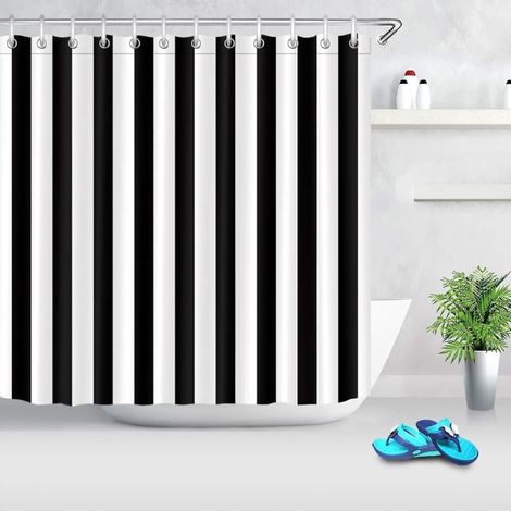 Rideau de Douche Rayé Noir et Blanc en Polyester Imperméable, Décoration Élégante, 180 cm, avec Crochets et Œillets
