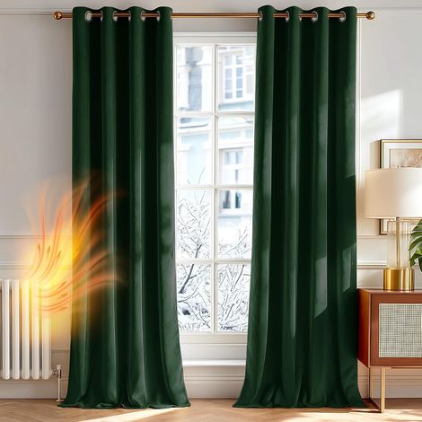 JSSEVN - Blackout Curtains, Dutch Velvet Feel Curtains, with Eyelets, Thermal Insulation, 140x244 CM (Width x Height), Fir Green, 1 Piece (1/5)
