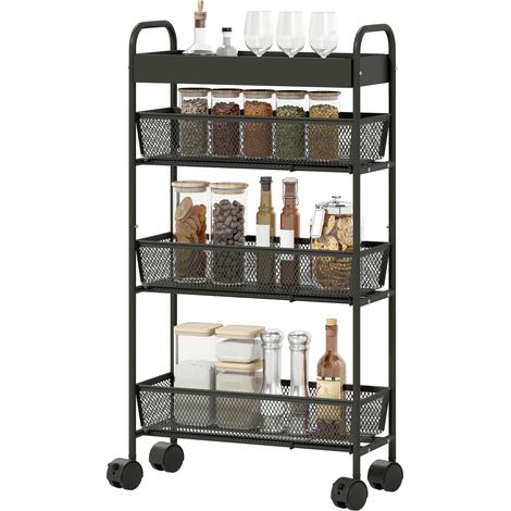 Chariot de rangement à roulettes cuisine 19 x 43.2 x 80 cm gain de place paniers coulissants contemporain en métal noir (1/5)