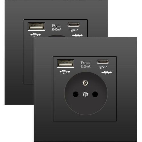 Steckdosenleiste mit USB- und USB-C-Anschluss, 1-A-Unterputzsteckdose, Standard-EU-Stecker, 110-V-Steckdosenleiste (Frankreich), 2er-Pack, 250 V, 5 V, schwarz (1/5)