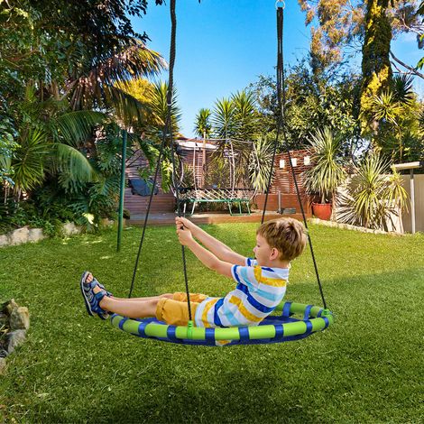 Balançoire nid rond bleu ciel réglable en hauteur, suspendue pour enfant et adulte, extérieur jardin, charge max 150 kg, diamètre 100 cm (1/5)