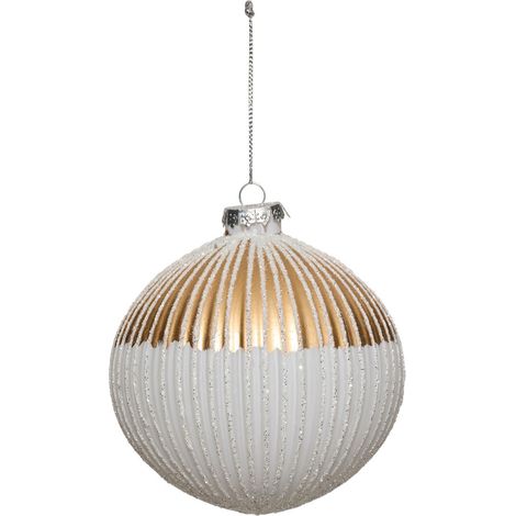 Déco Sapin Boule de Noël en Verre strié D 10 cm Doré et Blanc pailleté - Feeric Christmas (1/2)