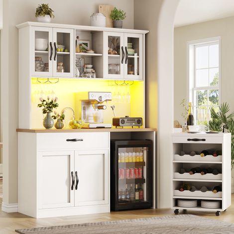 MEUBLIV Buffet de cuisine 140x38x180 cm blanc avec chariot amovible, LED et range-bouteilles (1/5)