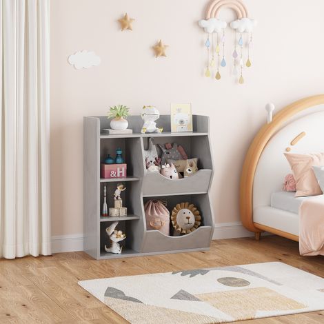 Rangement méthode éducative double face pour enfants – Bibliothèque et étagère à jouets 3 niveaux, 5 compartiments – Bois robuste – Idéal chambre, salon, maternelle – Couleur : gris