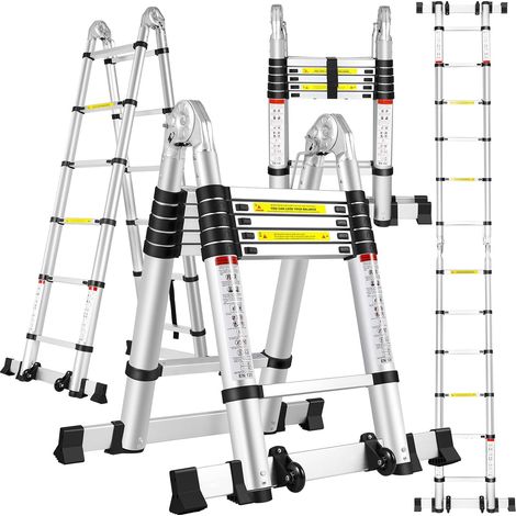 TLGREEN Échelle télescopique, échelle Pliante 3,8 mètres, échelle Multifonction, échelle antidérapante, escabeau, échelle Pliante télescopique en Alliage d'aluminium, capacité de Charge 150 kg… (1/5)