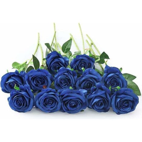 Lot de 10 roses artificielles en soie pour décoration d'intérieur Bleu