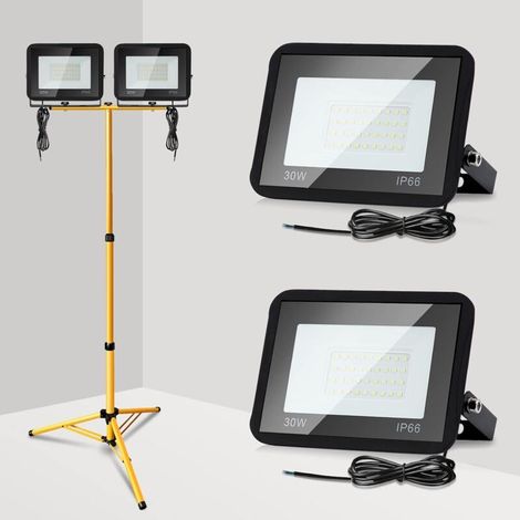 Ikodm 2 Pack 30W Cool White LED Construction Spotlights + Tripod 6000K 2550lm with 1m Cable - Waterproof IP66 Indoor Outdoor Spotlights for Sports Field, Space (No Plug) [Class E] (1/5)