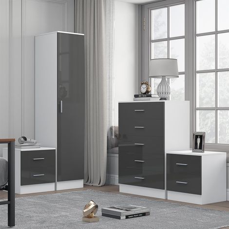 Reflect 1 Door Plain Wardrobe, 5 Drawer Chest, 2x 2 Drawer Bedsides - Grey Gloss & Matt White - Modern Bedroom Furniture Set