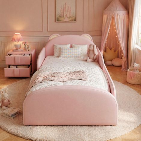 Kinderbett 90x200 cm rosa aus PU mit Bären-Kopfteil und Nachttisch (1/5)