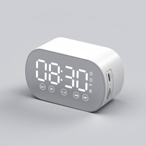 Großer digitaler Wecker mit Notstromversorgung, Akku, kabellosem Bluetooth-Lautsprecher und Radio, elektronische Tischuhr für Kinderzimmer, Weiß (1/5)