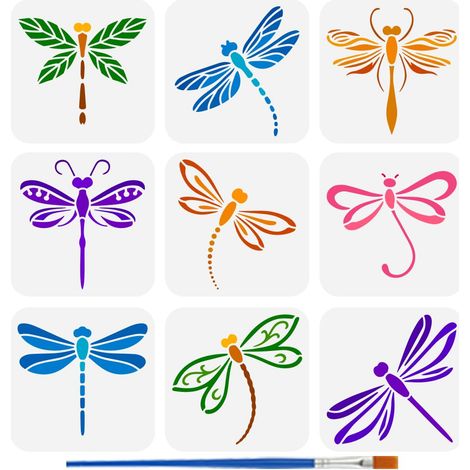 9Pcs Pochoirs Peinture de Libellule Avec Pinceau 15x15cm Pochoir de Libellule Réutilisable Pochoir de Feuilles de Fleurs Creusées Pochoirs Thème Animal pour Décoration Murale Meubles (1/5)