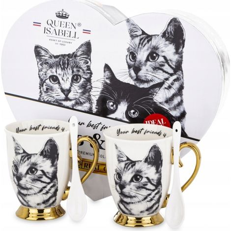 Un elegante juego de dos tazas con la imagen de un gato, ideal para regalar. (1/5)