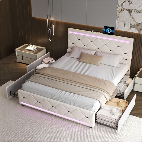 Letto 2 persone 140x200 cm con LED e porte USB, una piazza e mezza imbottito con rete a doghe e 4 cassetti, struttura, velluto beige (1/5)