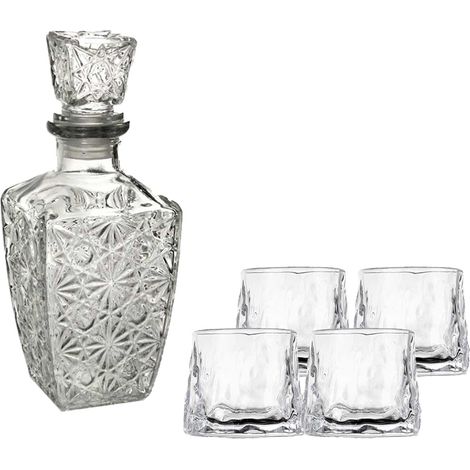SET BOTTIGLIA DIAMOND IN VETRO DA 1 LITRO CON 4 BICCHIERI DA LIQUORE ROYAL CAPIENZA 150 ML