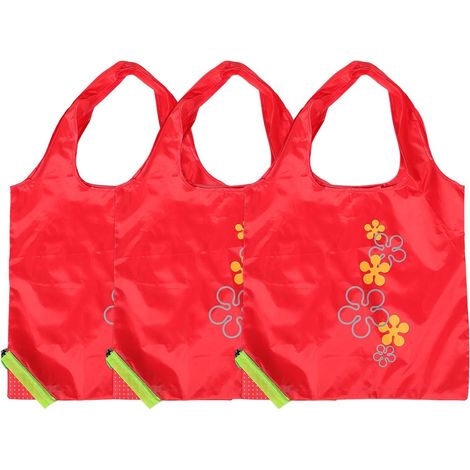 OUNONA Lot de 3 sacs courses pliables en polyester , motif fraise , réutilisables et lavables , lége (1/5)