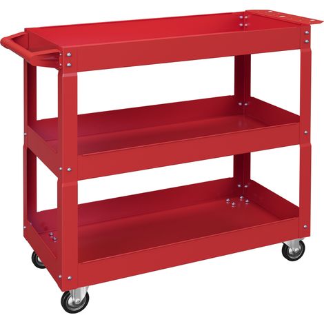 Chariot d'atelier à roulettes, 3 plateaux en acier rouge, avec poignée, charge maxi 150 kg, dimensions 83 x 35,3 x 76 cm