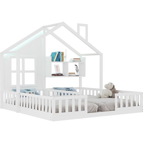 Letto a casetta doppio per bambini 2 x 90x200 cm in legno bianco con LED e ripiani - CHICFURN (1/5)