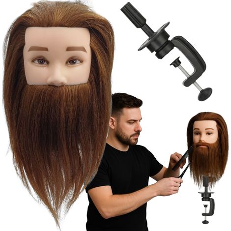 Cabeza de entrenamiento para peluquería masculina con barba, trípode, cabello natural, 40c (1/5)
