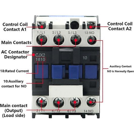 Contacteur CJX2-1810 LC1 AC 18A, triphasé, contact normalement ouvert tripolaire, tension de bobine 380V 50/60Hz, montage sur rail DIN, 3 pôles + 1 contact normalement ouvert. (1/5)