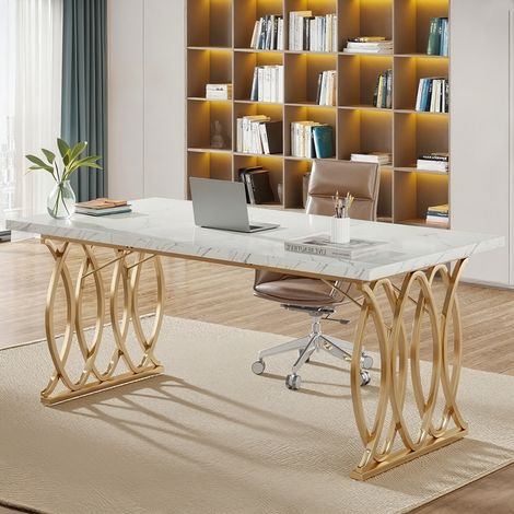 Computertisch, 160 cm, moderner Schreibtisch/PC-Arbeitstisch,für das Homeoffice, Weiß & Gold