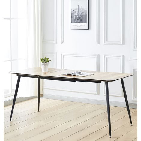 Hallowood Furniture Cullompton Large Extendable Dining Table, 4-8 Seater Table with Oak-Effect Top and Black Metal Legs, Modern 120-180cm Extendable Dining Tables for Home, Apartment or Offices