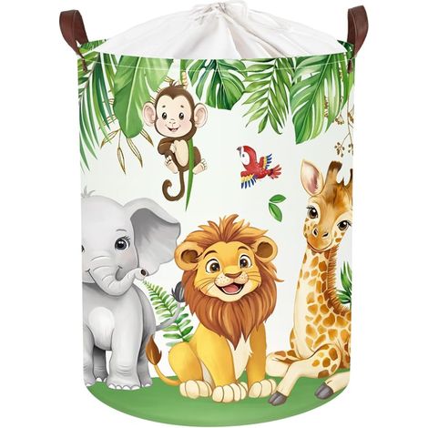 Panier Rangement Animaux Forêt Panier à Linge Feuille Boite de Rangement pour Organiser Jouet Vêtements, Éléphant Lion Girafe, 36x45 cm (1/5)