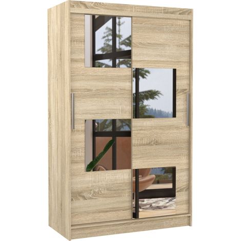 Petite armoire de chambre 2 portes coulissantes bois clair et 4 miroirs Luko 120cm (1/5)
