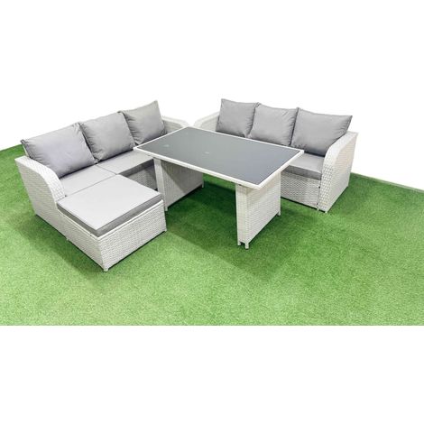 Fimous 7 Seater Rattan Outdoor Dining Table 3 Seater Sofa Set with Big Stool Light Grey (1/4)