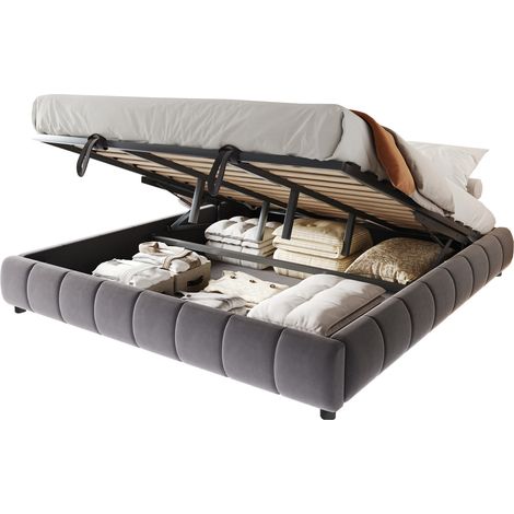 Lit coffre 180 x 200 cm sans tête de lit, avec LED blanc et cadre hydraulique, rangement intégré, sommier métal stable, gris, pour chambre ado - CHICFURN (1/5)