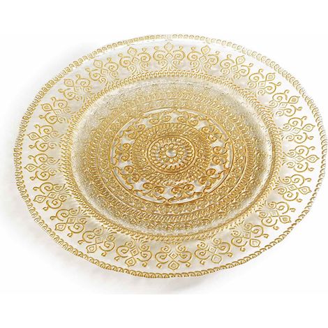 Piatti tondi adatti al contatto alimentare in vetro con decoro oro ad effetto ricamo, set da 2 pezzi, Ø 32,5 cm