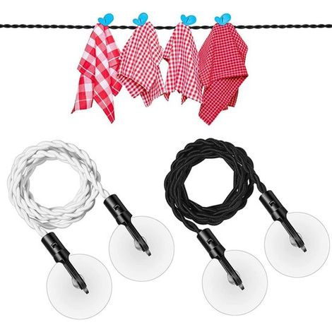 Étendoir à linge extérieur en 2 parties - Corde élastique - Extensible - Avec crochets et ventouses - Idéal pour l'intérieur, la famille, le camping et les voyages - Noir/Blanc (1/5)