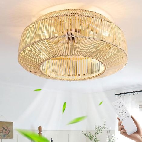 Ventilateur De Plafond En Rotin Et Bambou Avec Éclairage E27 Et Télécommande - Plafonnier Silencieux, 6 Vitesses, Pour Salon, Salle À Manger (1/5)