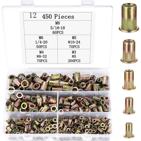 Lot de 450 écrous à riveter à tête plate Assortiment d'écrous à riveter M3 M4 M5 M6 M8 Écrous filetés pour pinces à écrou à rivet, plaques métalliques, tuyaux, etc (1/5)
