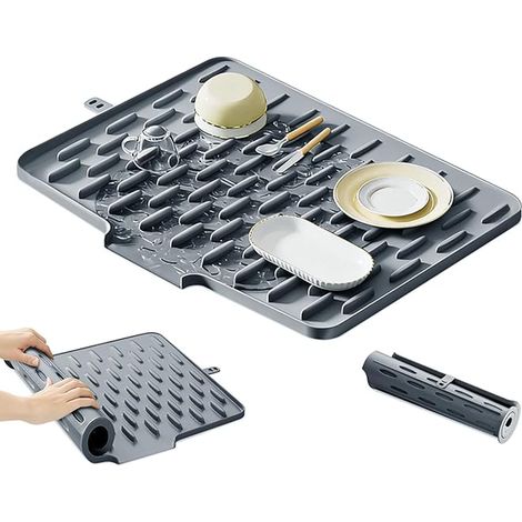 Tapis Egouttoir Silicone avec Sortie de Drainage-40x30cm Vaisselle Cuisine, Evier, pliable pour Faciliter le Rangement,Design Incliné, Anti-Dérapant Chaleur(Gris) (1/5)