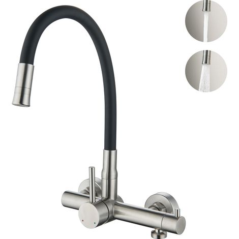 Robinet de cuisine mural avec raccord 3/4" pour lave-vaisselle/machine à laver, robinet de cuisine mural avec bec flexible à 360°, mitigeur avec 2 modes de pulvérisation, acier inoxydable (1/5)