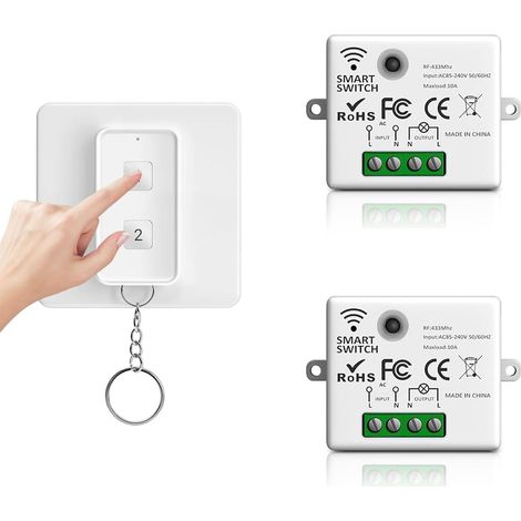 Interruptor de iluminación inalámbrico RF433, funciona con pilas, no requiere cableado eléctrico ni interruptor de pared, magnético (2 receptores de 10 A y 1 panel de control de 2 botones) (1/5)