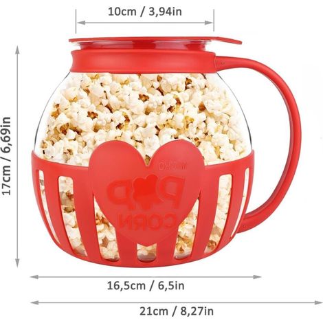 Macchina per popcorn da microonde in vetro borosilicato da 2,13 litri, senza sostanze chimiche, per una cottura sana e ideale per feste in famiglia, colore rosso.