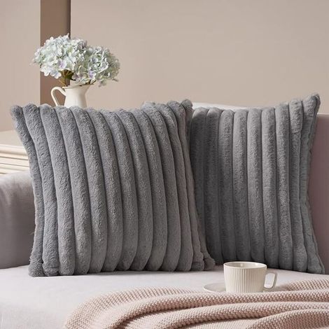Lot de 2 housses de coussin en velours côtelé gris, moelleuses et douces, 40x40 cm, pour canapé, salon, chambre, lit.