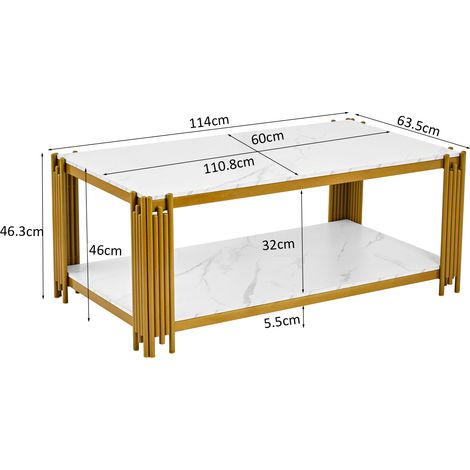 Table basse rectangulaire en métal et marbre effet, salon moderne blanc or – H46 x L114 x P64 cm (1/4)