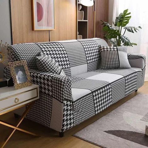 pair Housse de Canapé 2 Place 140-180cm Couverture Canapé avec Accoudoirs Moderne Couvre Canapé Elastique Universelle Revêtement de Canapé Housse de Protection Plaid noir et blanc (1/5)