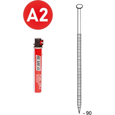 2 200 Pointes Annelées Inox en Bande 34°(Pack) - 3.1x90 mm + 2 Cartouches de Gaz Rouge - D-Work