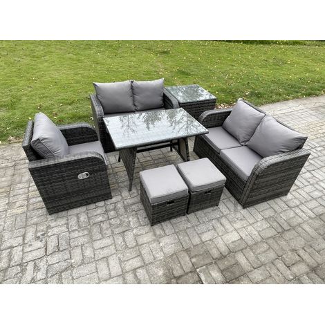 Fimous 7 Pièces Ensemble de meubles de jardin en rotin avec Table à manger Fauteuil Canapé d'amour Table d'appoint 2 Petits tabourets Gris foncé mixte (1/5)
