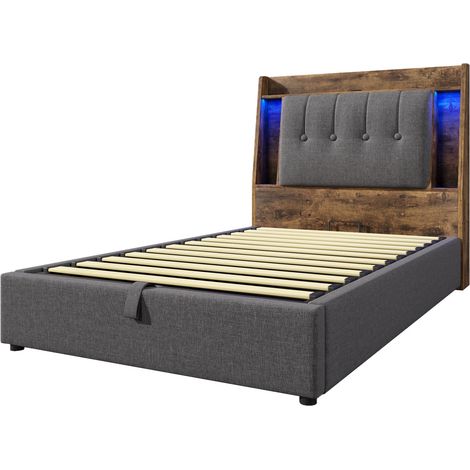 Letto imbottito 90x200 cm con USB Type-C, cassettone sollevabile, LED, grigio, HOMVRA (1/5)