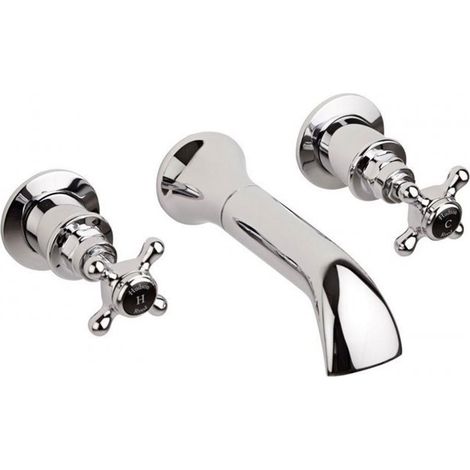 Hudson Reed Topaz Black Crosshead Wall Mounted Bath Spout and Stop Taps Hexagonal Collar