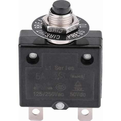 Disjoncteur 5 A, interrupteur thermique optionnel avec réarmement, 125-250 V CA, 50 V CC, protection contre les surintensités, disjoncteur à bouton-poussoir (1/5)