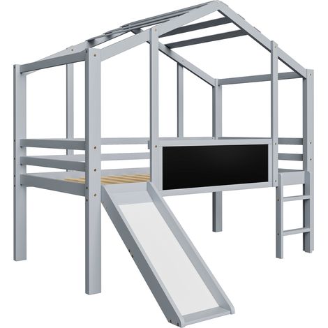 Lit mezzanine enfant 90 x 200 cm avec toboggan, échelle de sécurité et tableau, gris (1/5)